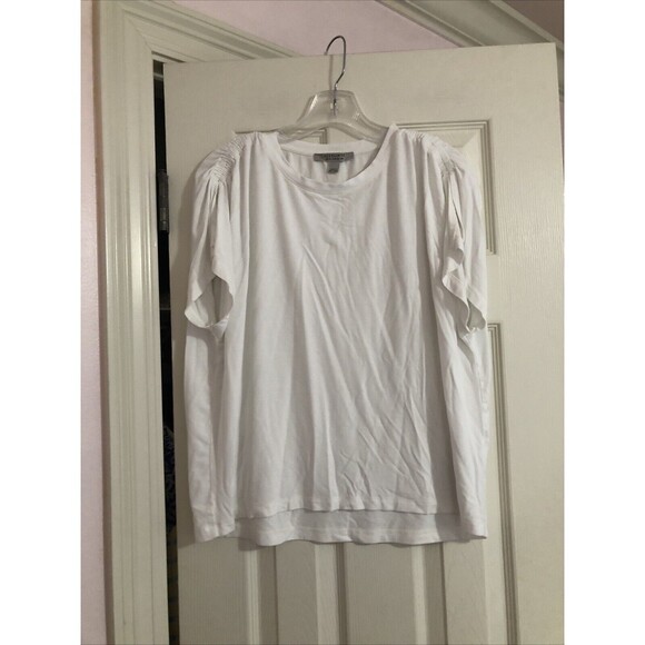All Saints Womens Boxy White Top Ruched Shoulder Chic Short Sleeve Modern Sz 6 - Picture 3 of 8